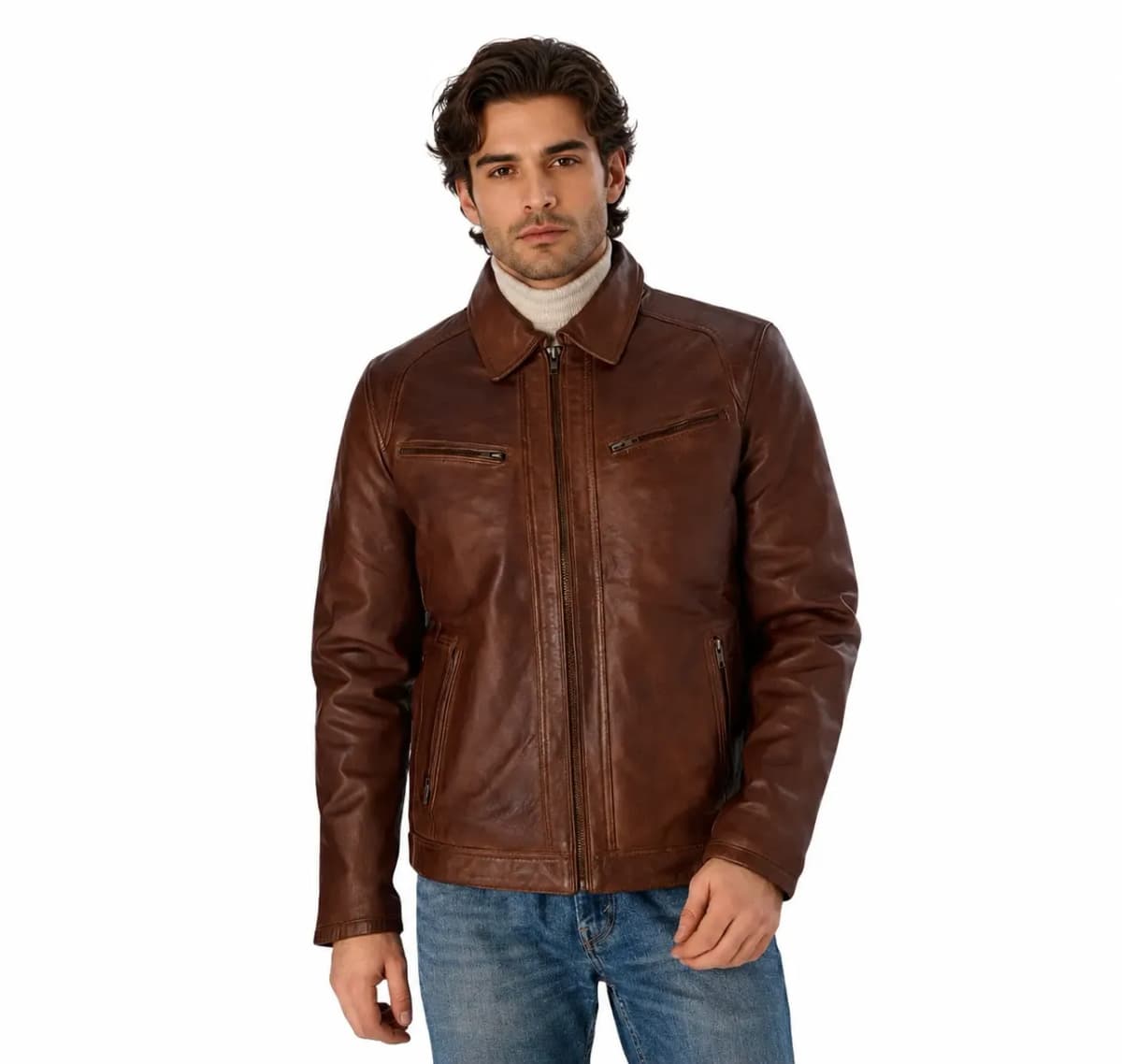 Mens Brown Cafe Racer Leather Jacket