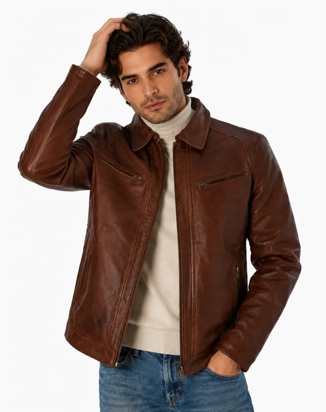 Mens Brown Cafe Racer Leather Jacket_2