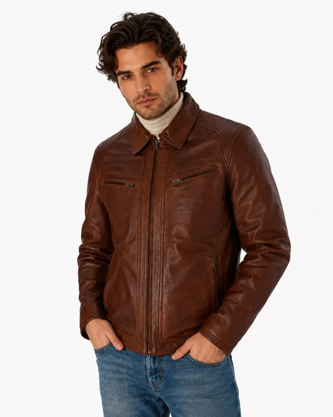 Mens Brown Cafe Racer Leather Jacket_3