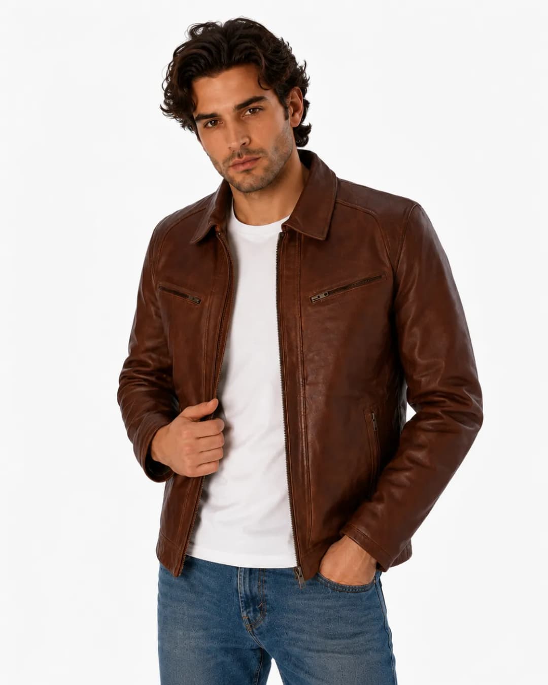 Mens Brown Cafe Racer Leather Jacket_4