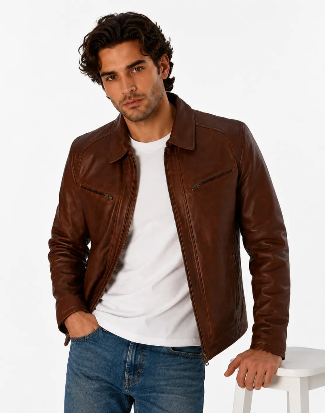 Mens Brown Cafe Racer Leather Jacket_5