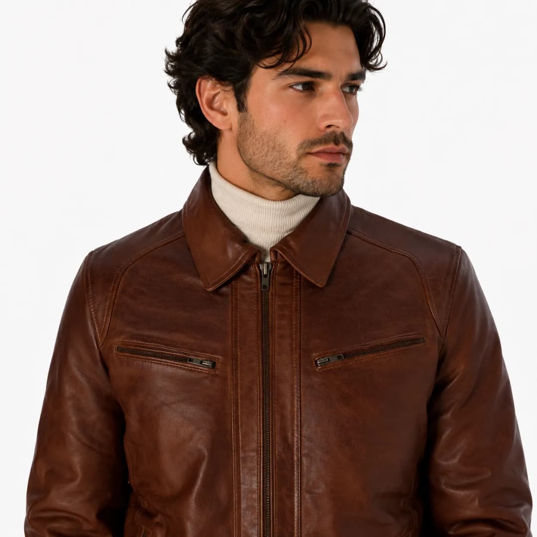 Mens Brown Cafe Racer Leather Jacket_7