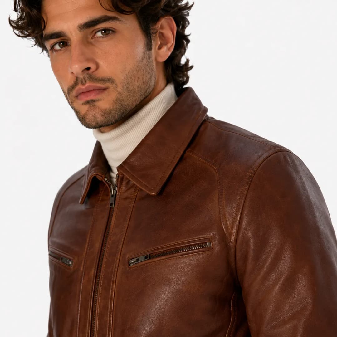Mens Brown Cafe Racer Leather Jacket_8