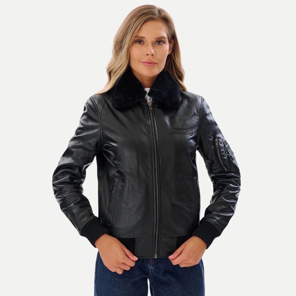 Women Black Bomber Leather Jacket With Natural Fur Collar