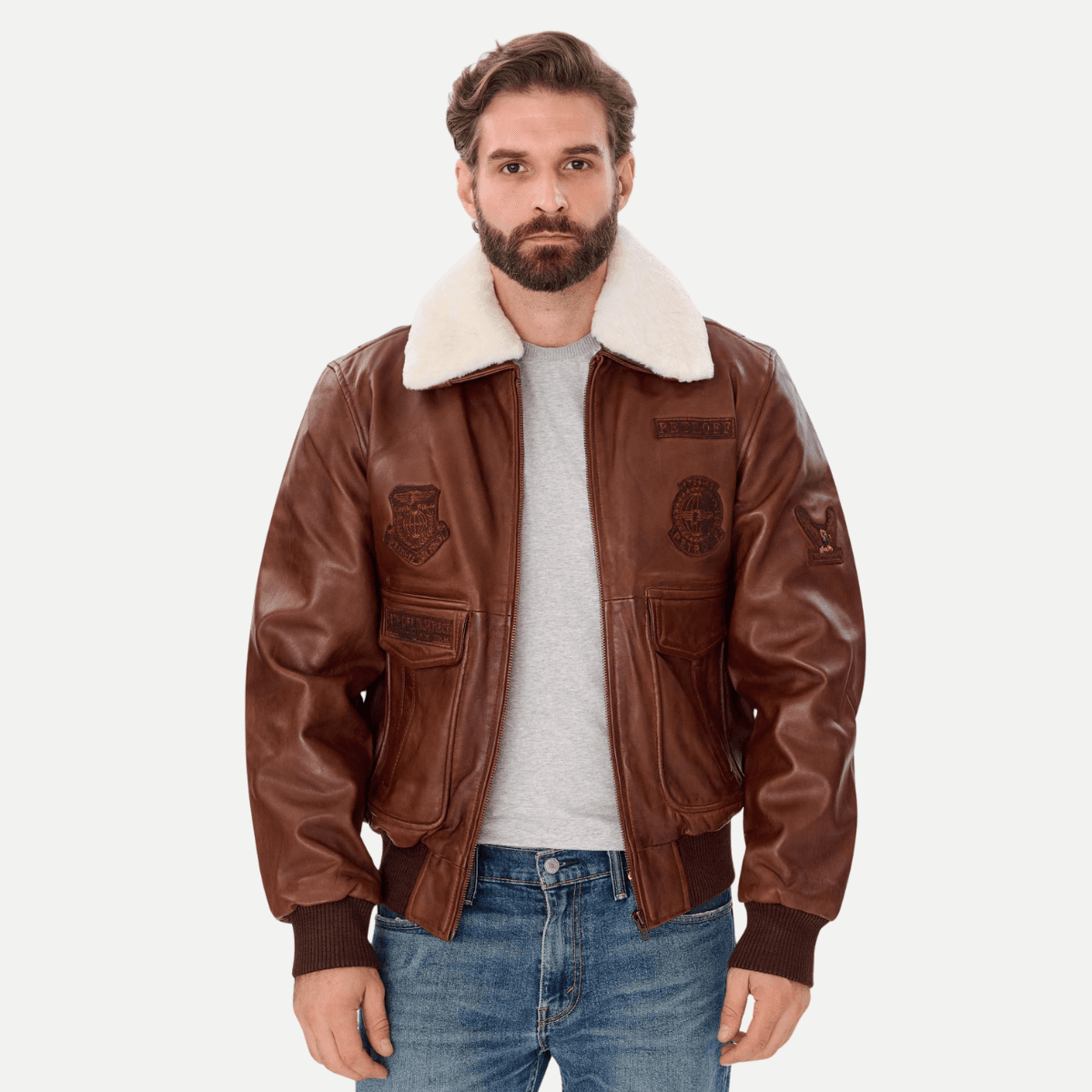 Men Black Sheepskin Pilot Bomber Jacket with Fur Collar