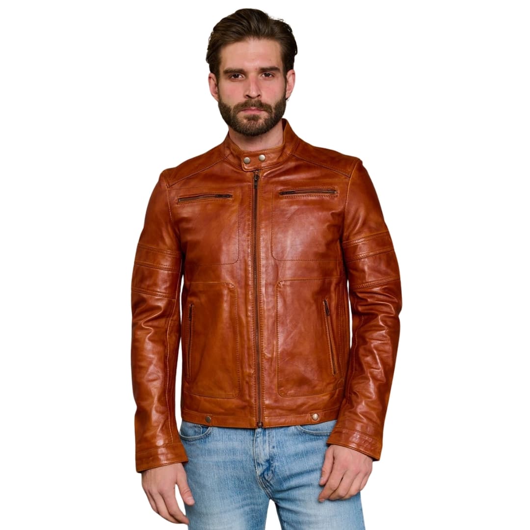 Mens Brown Cafe Racer Motorcycle Jacket