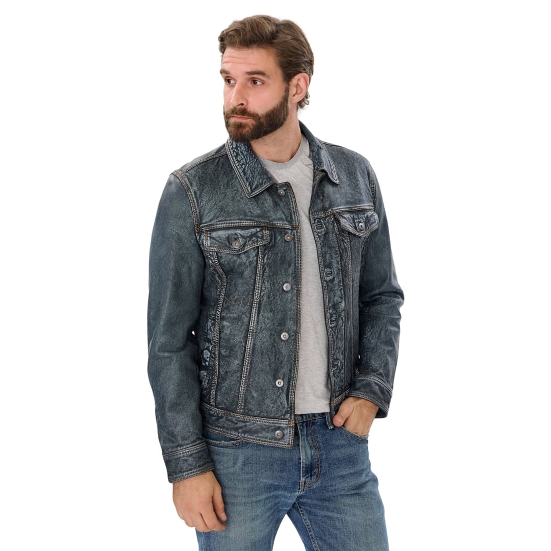 mens trucker denim blue leather jacket