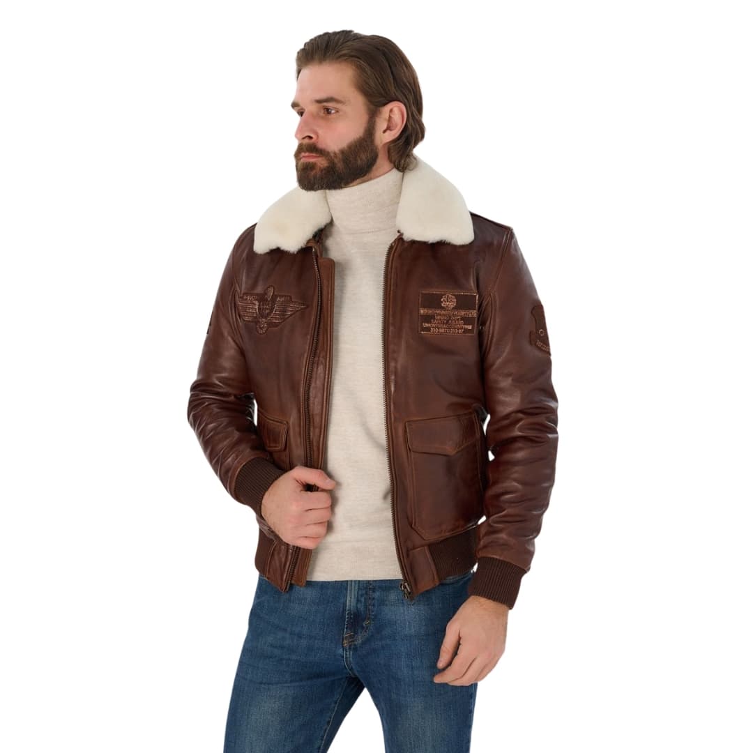 Mens Aviator Bomber Leather Jacket With Fur Collar