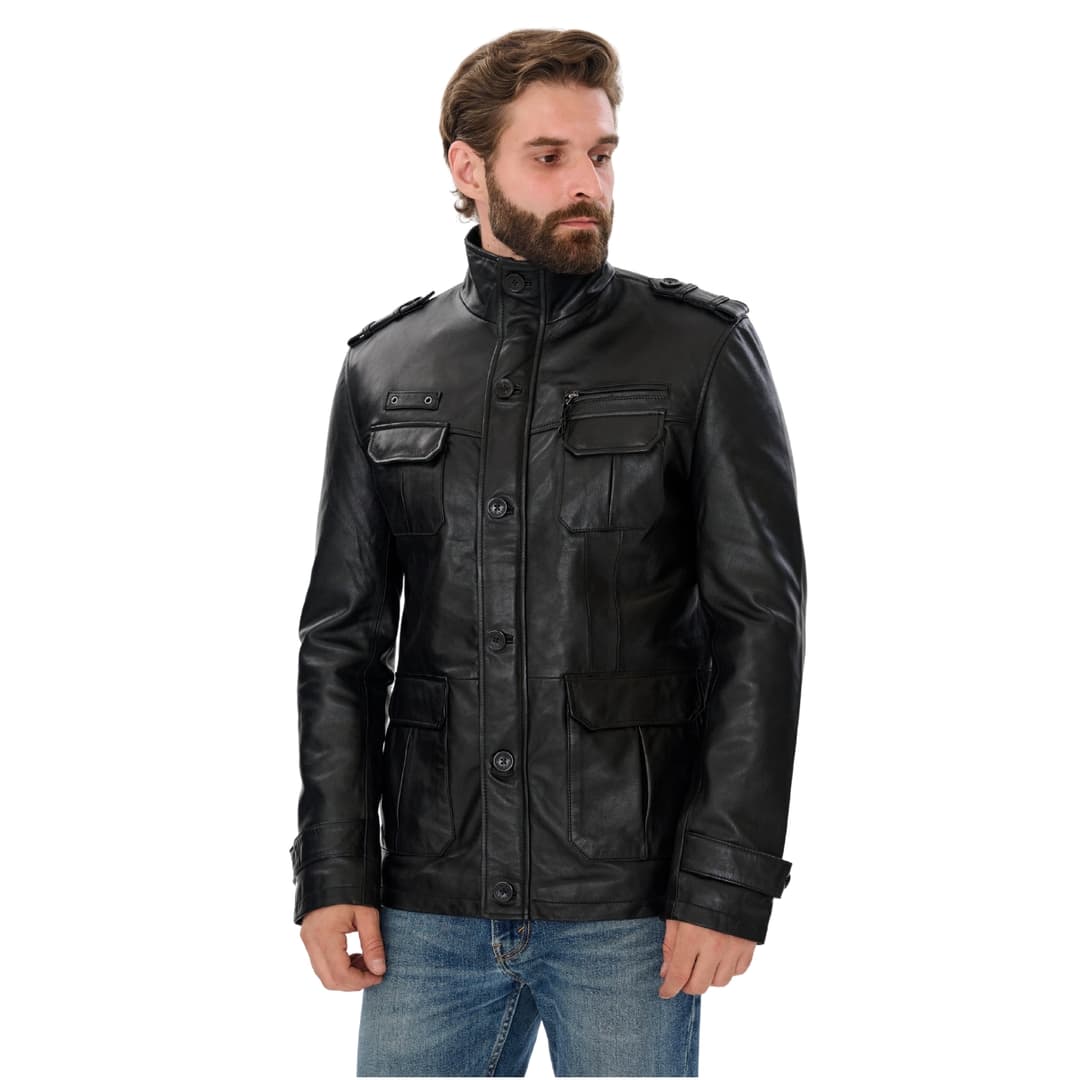 Mens Black Real Leather Coat