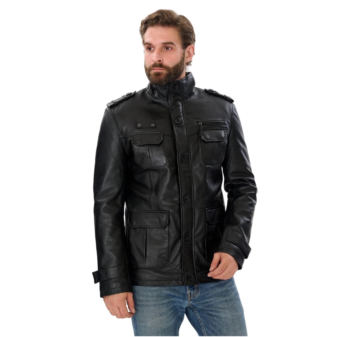 Mens Black Real Leather Coat