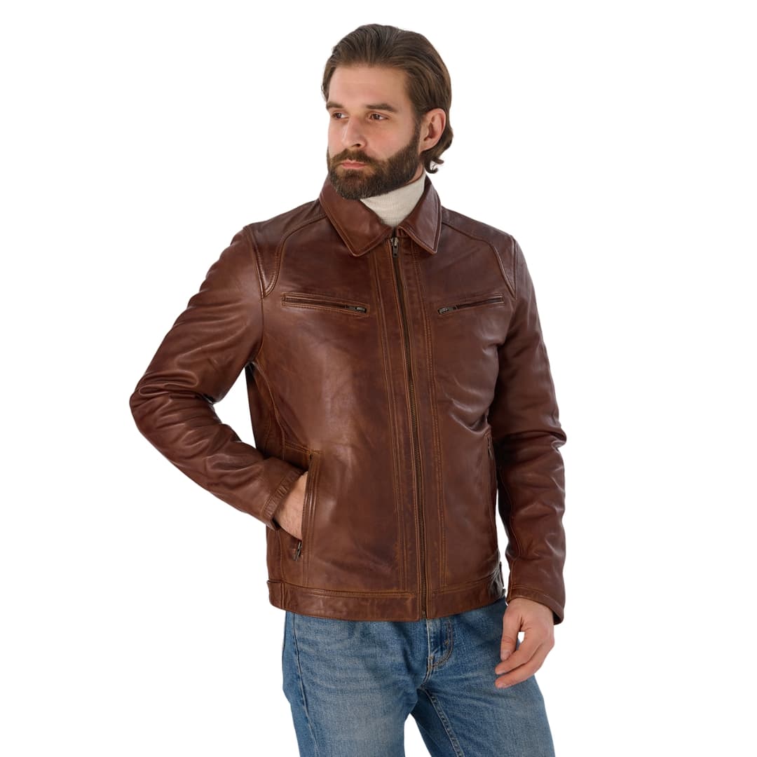 Mens Brown Cafe Racer Leather Motorcycle Jacket
