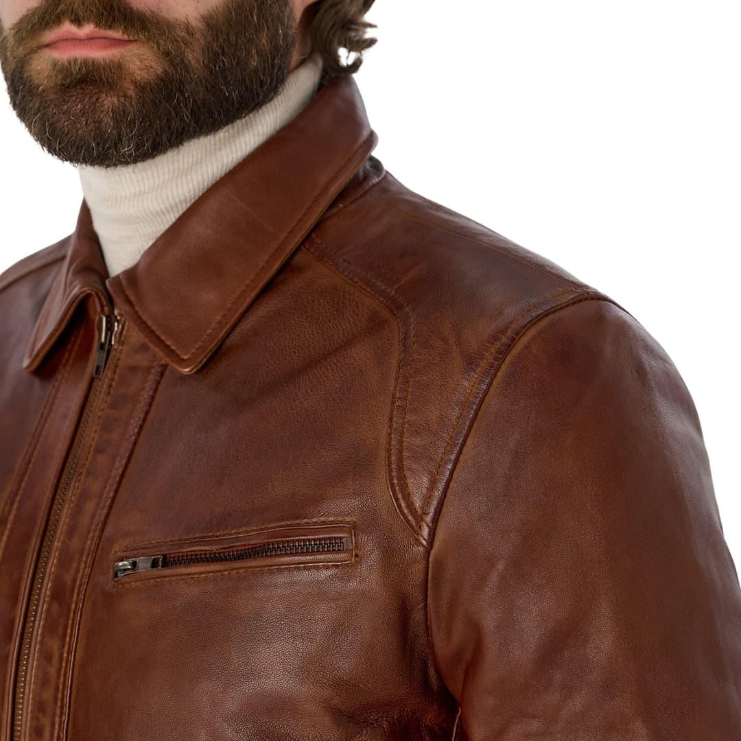 Mens Brown Cafe Racer Leather Motorcycle Jacket