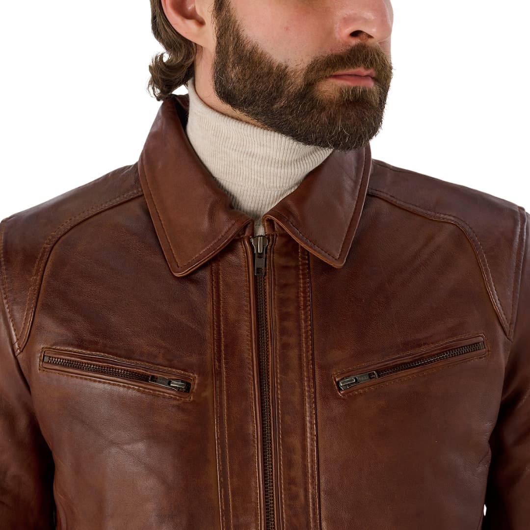 Mens Brown Cafe Racer Leather Motorcycle Jacket