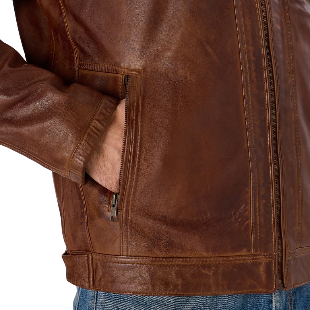 Mens Brown Cafe Racer Leather Motorcycle Jacket