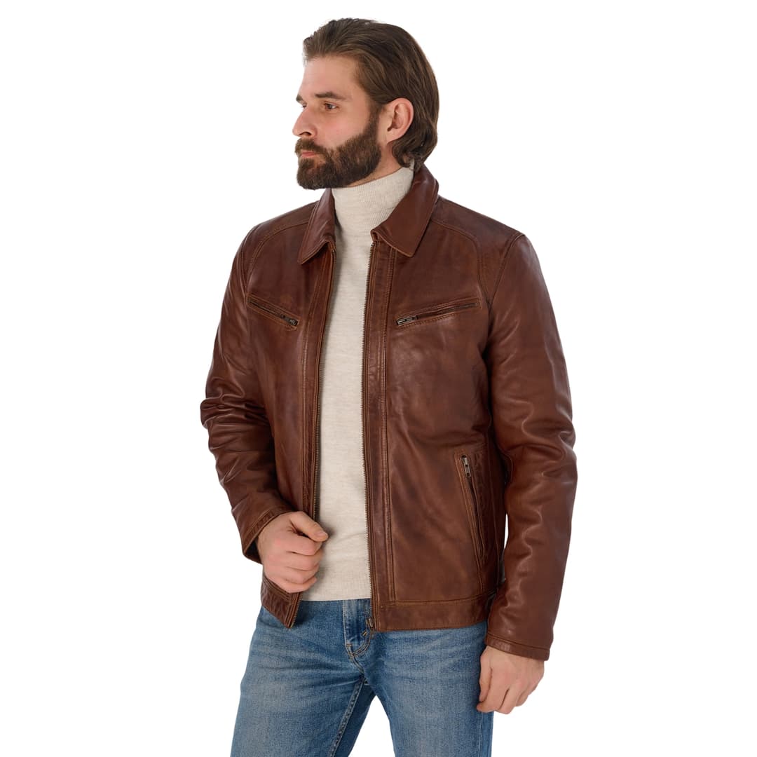 Mens Brown Cafe Racer Leather Motorcycle Jacket