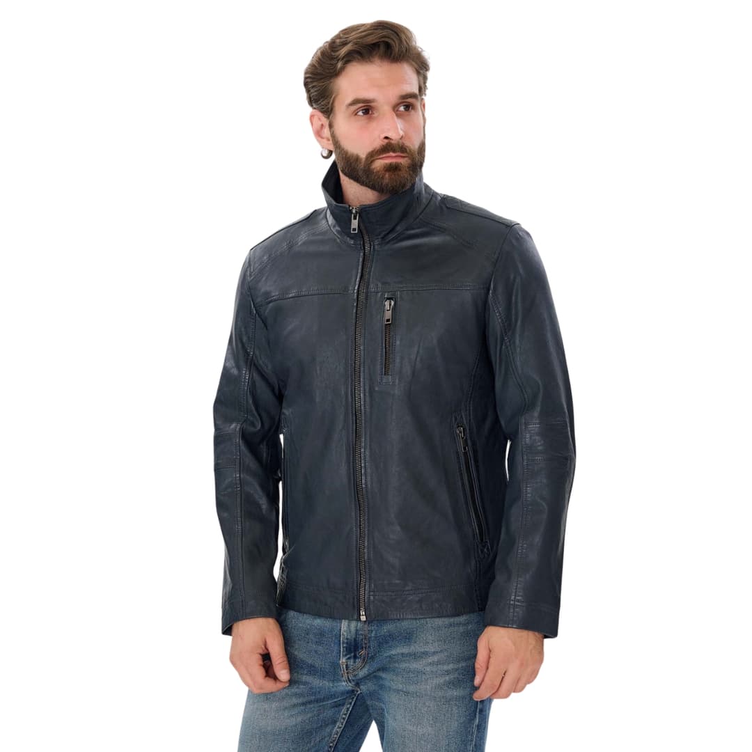 Mens Blue Leather Biker Jacket