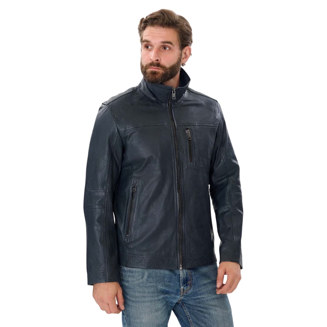 Mens Blue Leather Biker Jacket