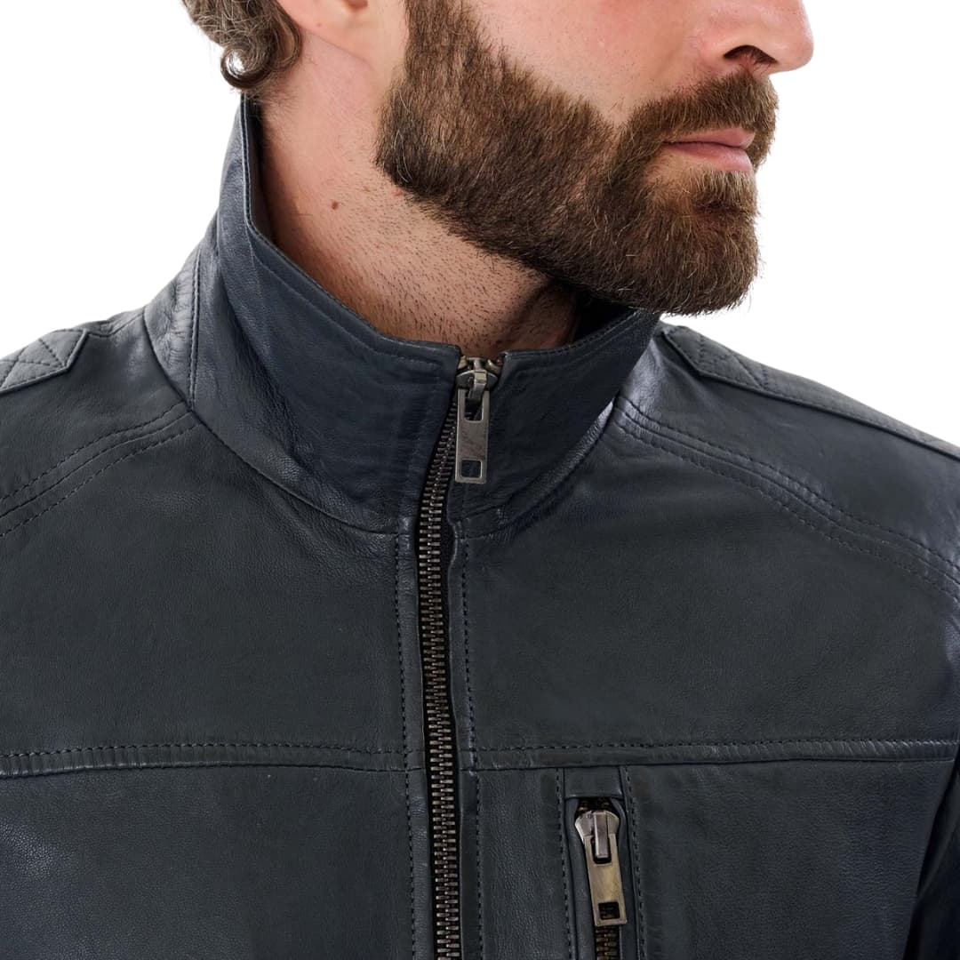 Mens Blue Leather Biker Jacket