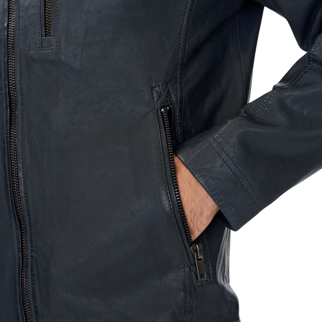 Mens Blue Leather Biker Jacket