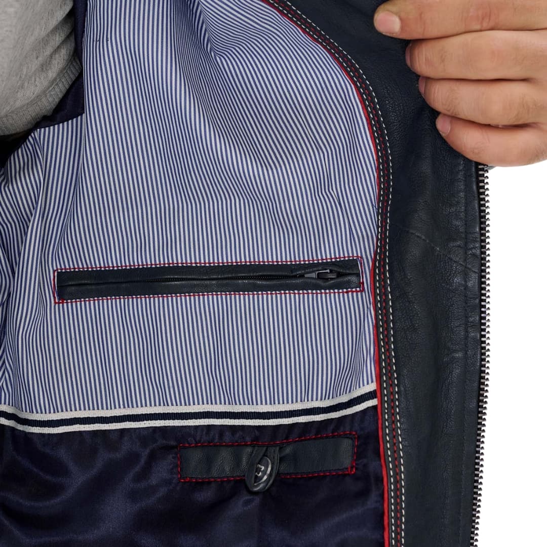 Mens Blue Leather Biker Jacket