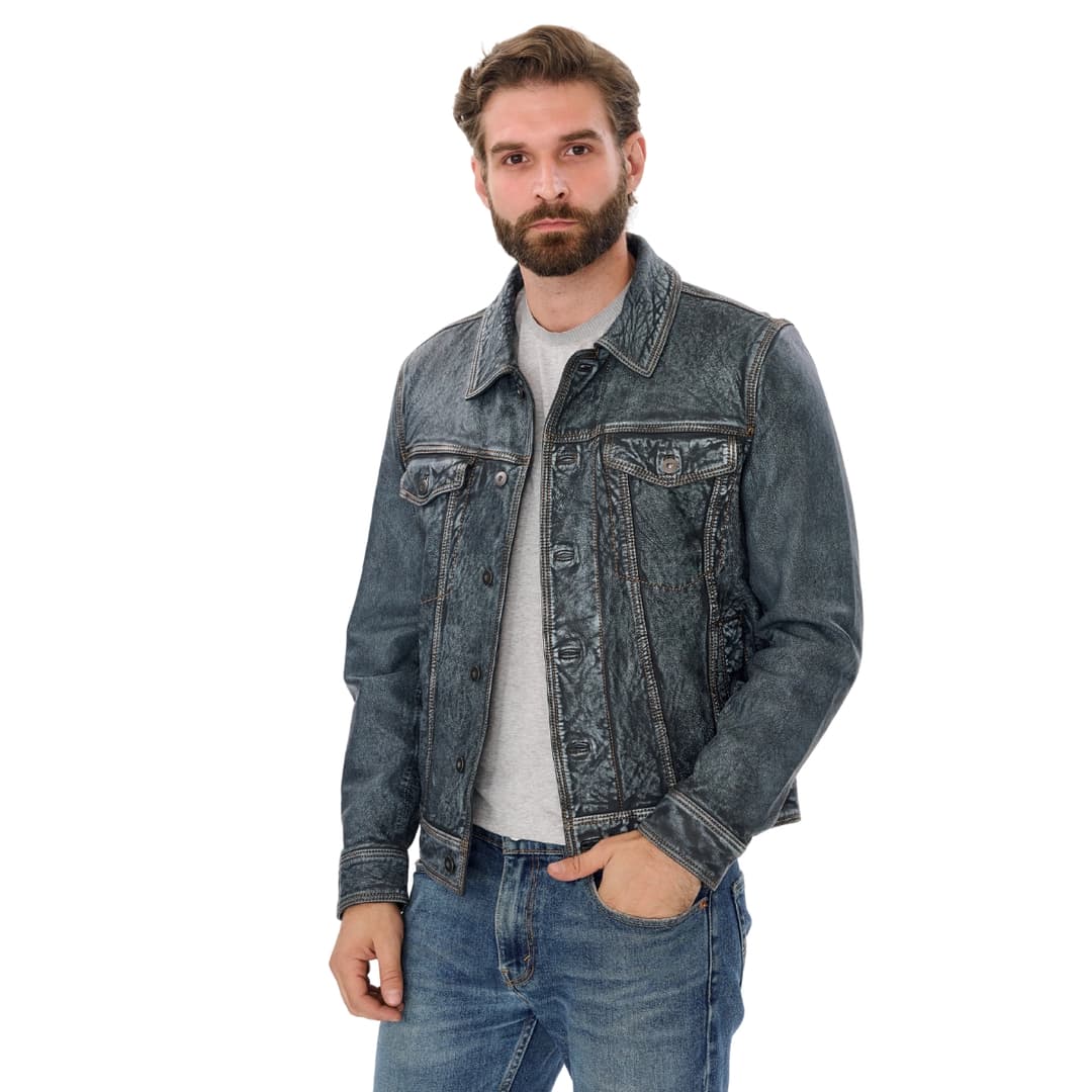 mens trucker denuim blue leather jacket