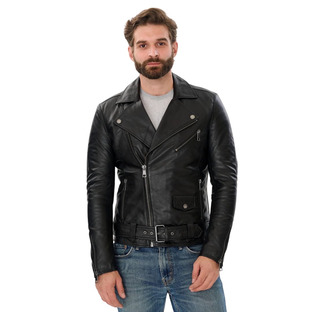 Men Black Genuine Leather Biker Jacket