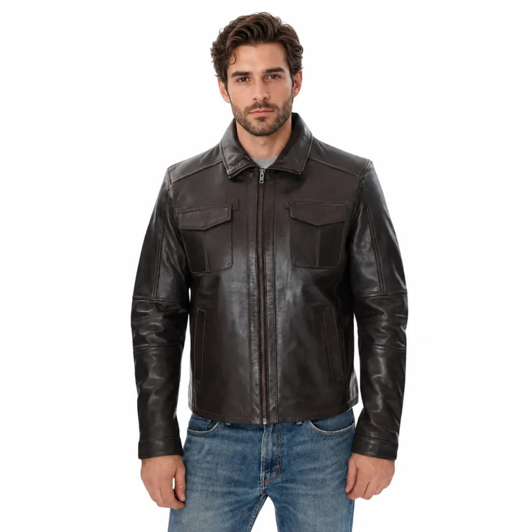 Mens Brown Trucker Leather Jacket_1