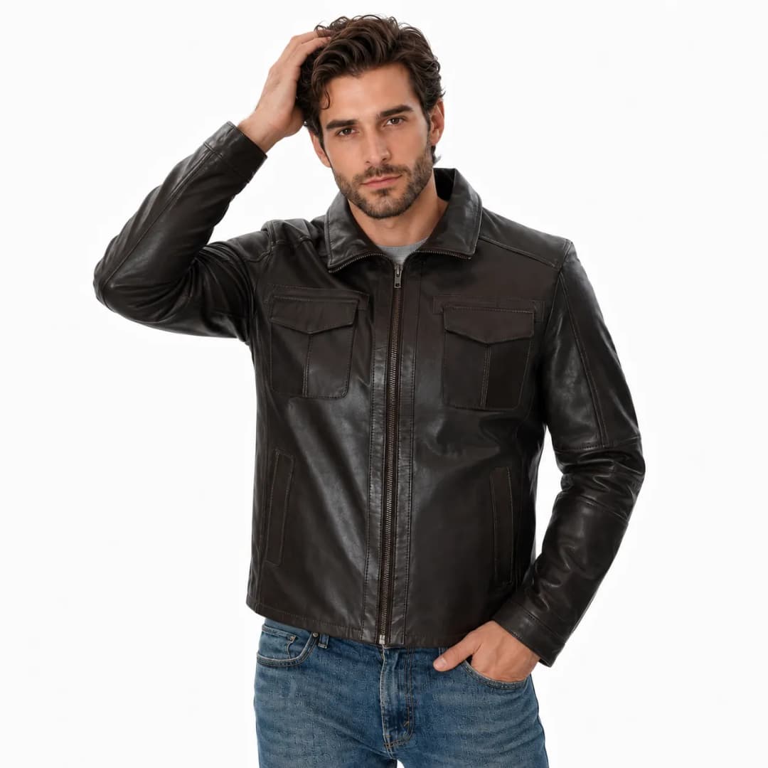 Mens Brown Trucker Leather Jacket_2
