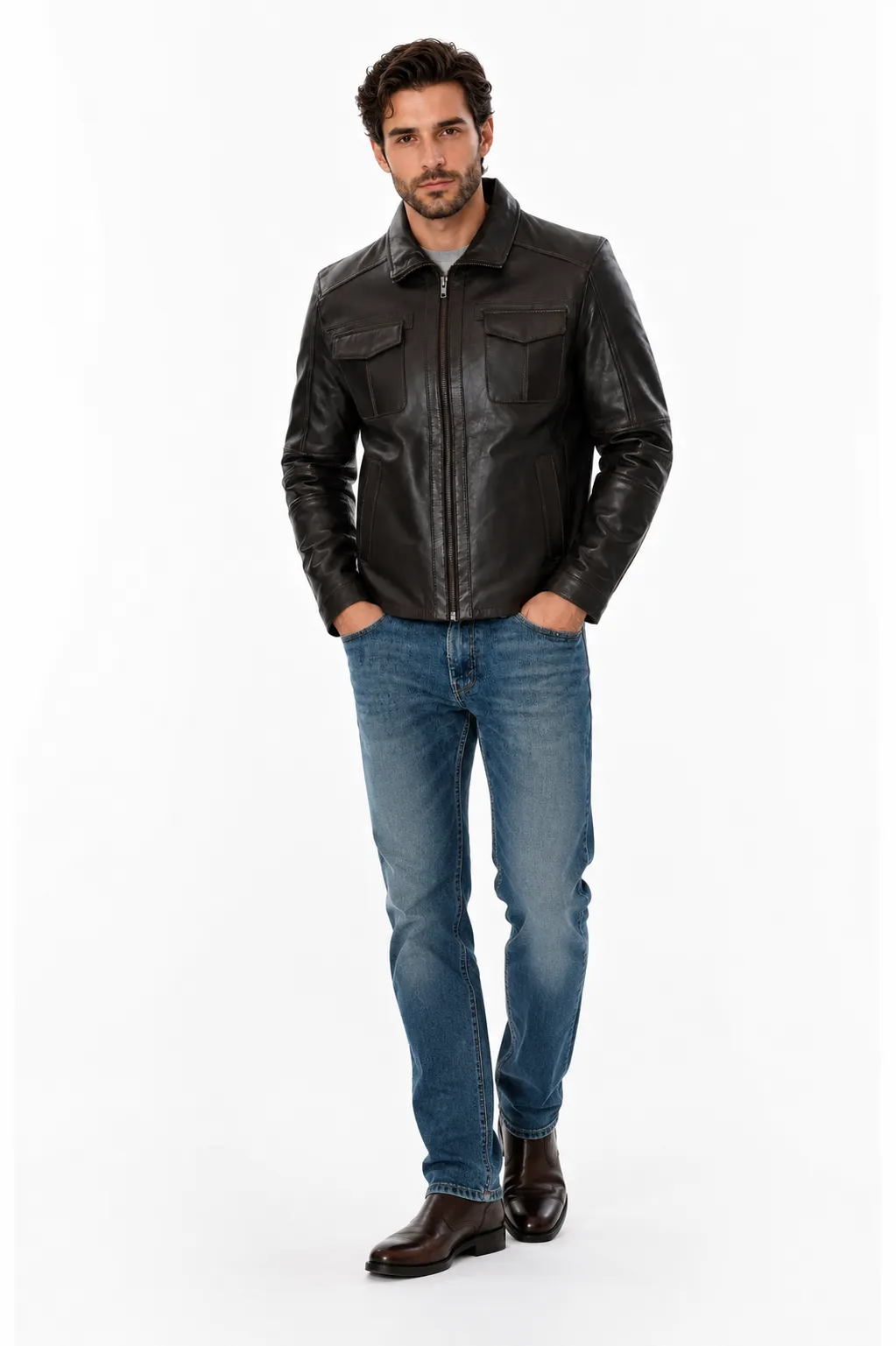 Mens Brown Trucker Leather Jacket_3