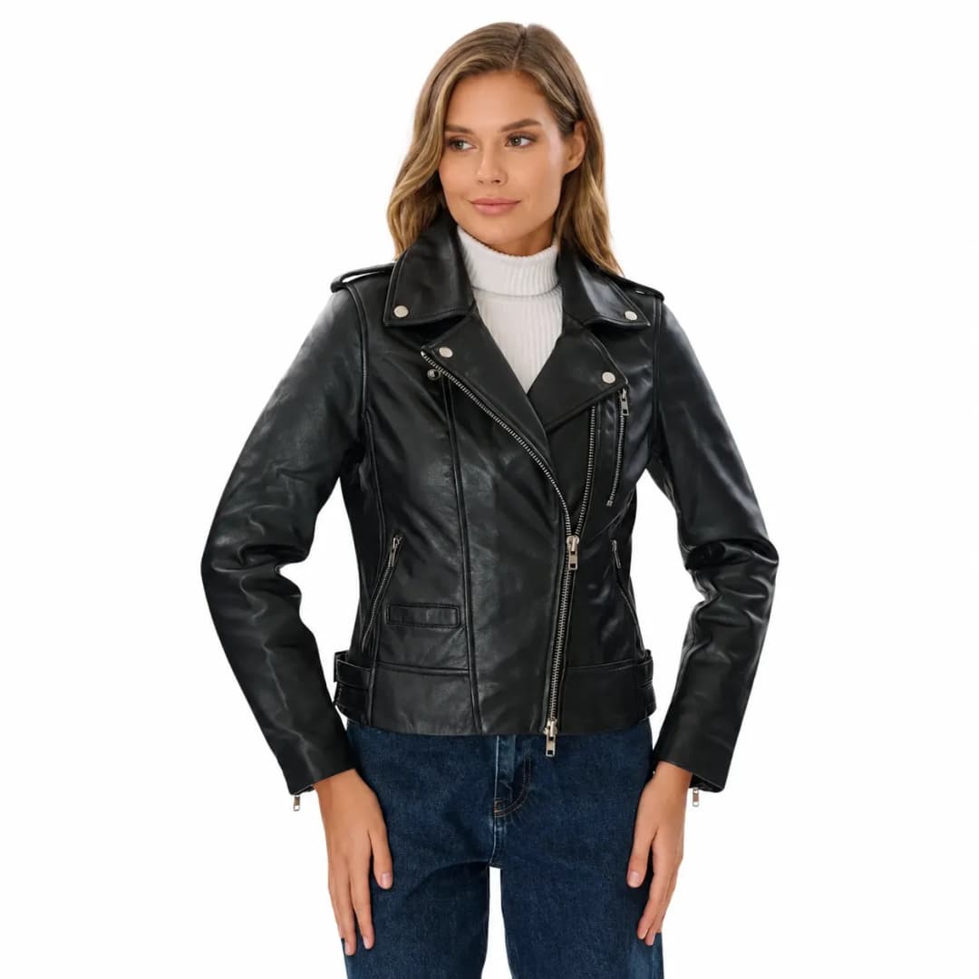 Womens Black Leather Biker Jacket-4