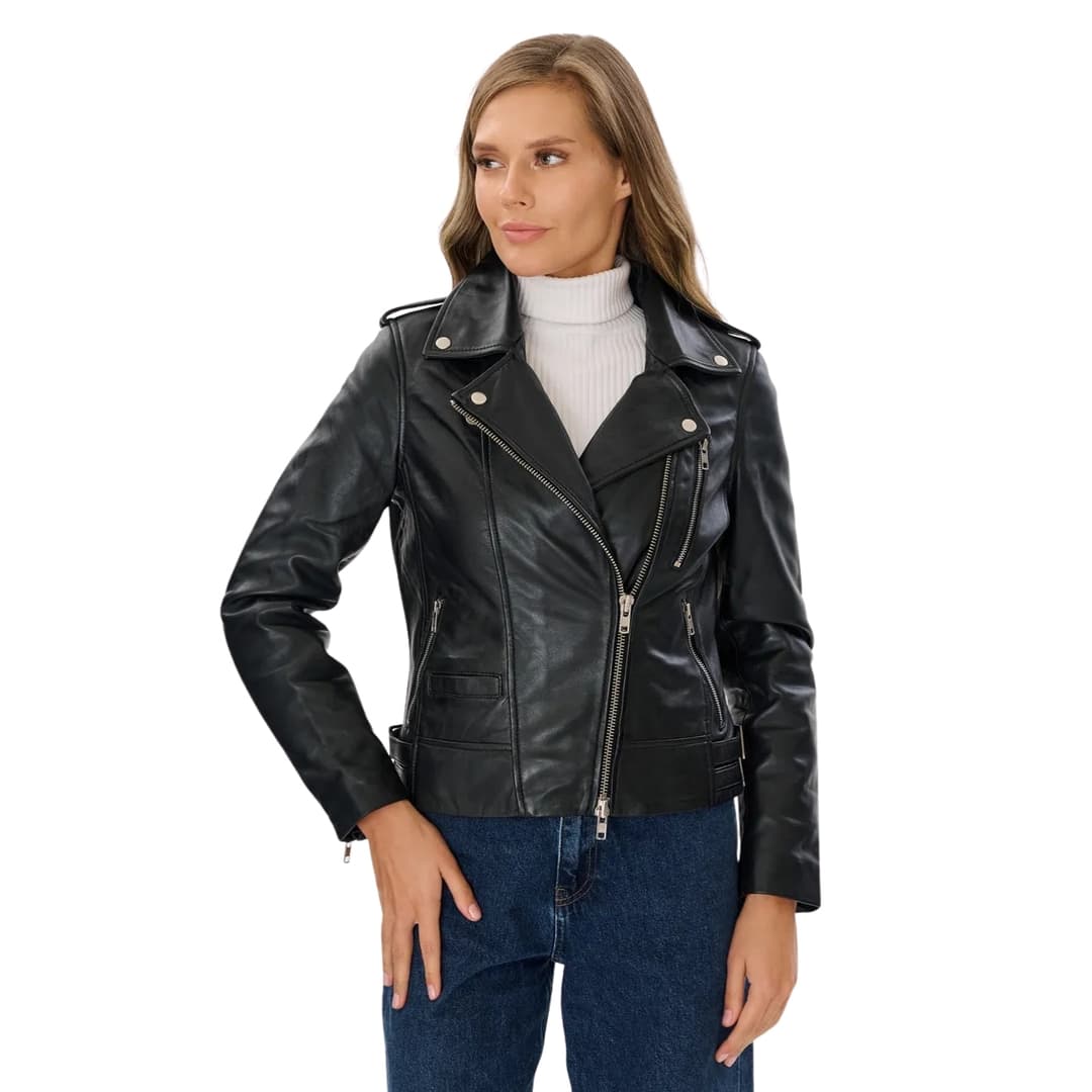 Womens Black Biker Leather Jacket