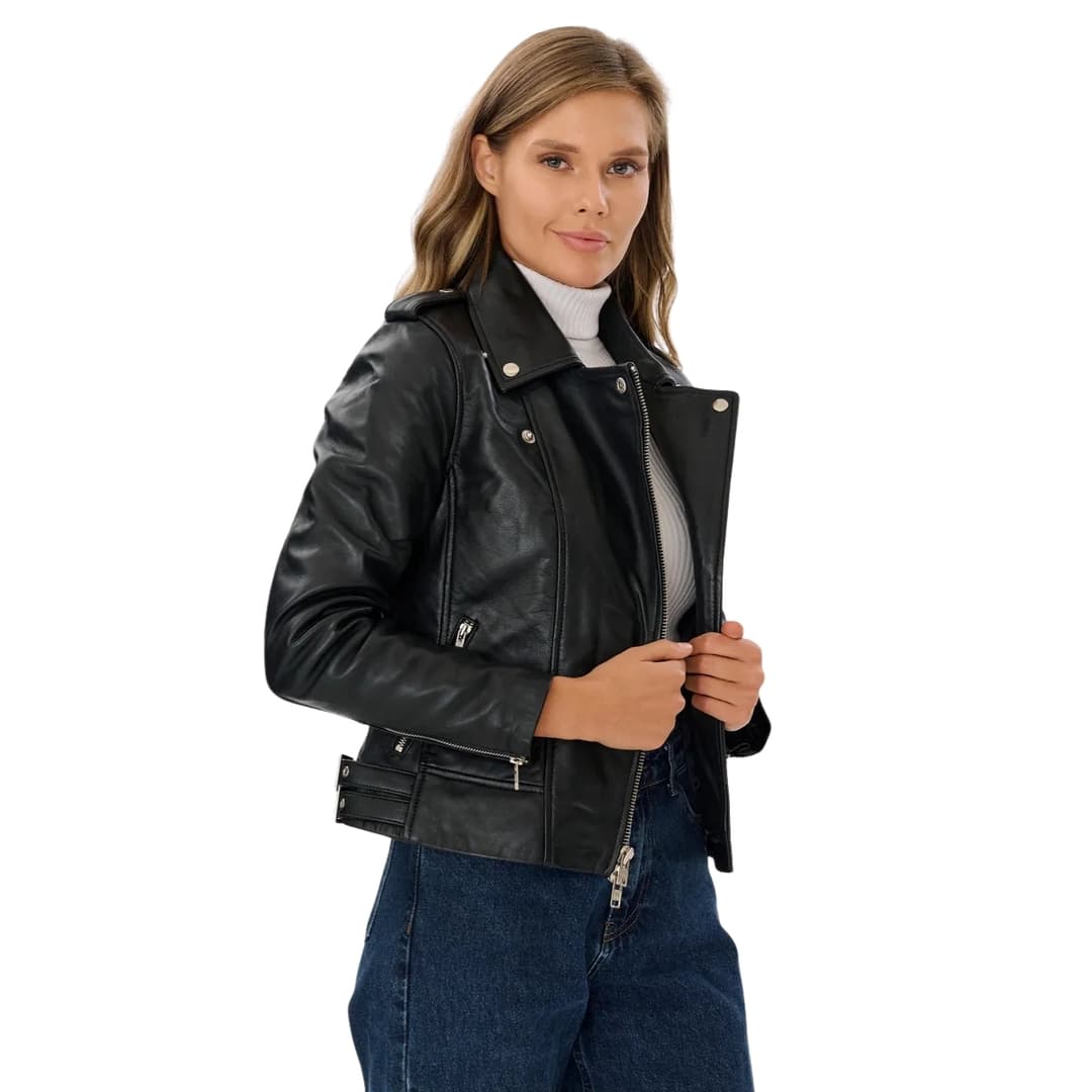 Womens Black Biker Leather Jacket