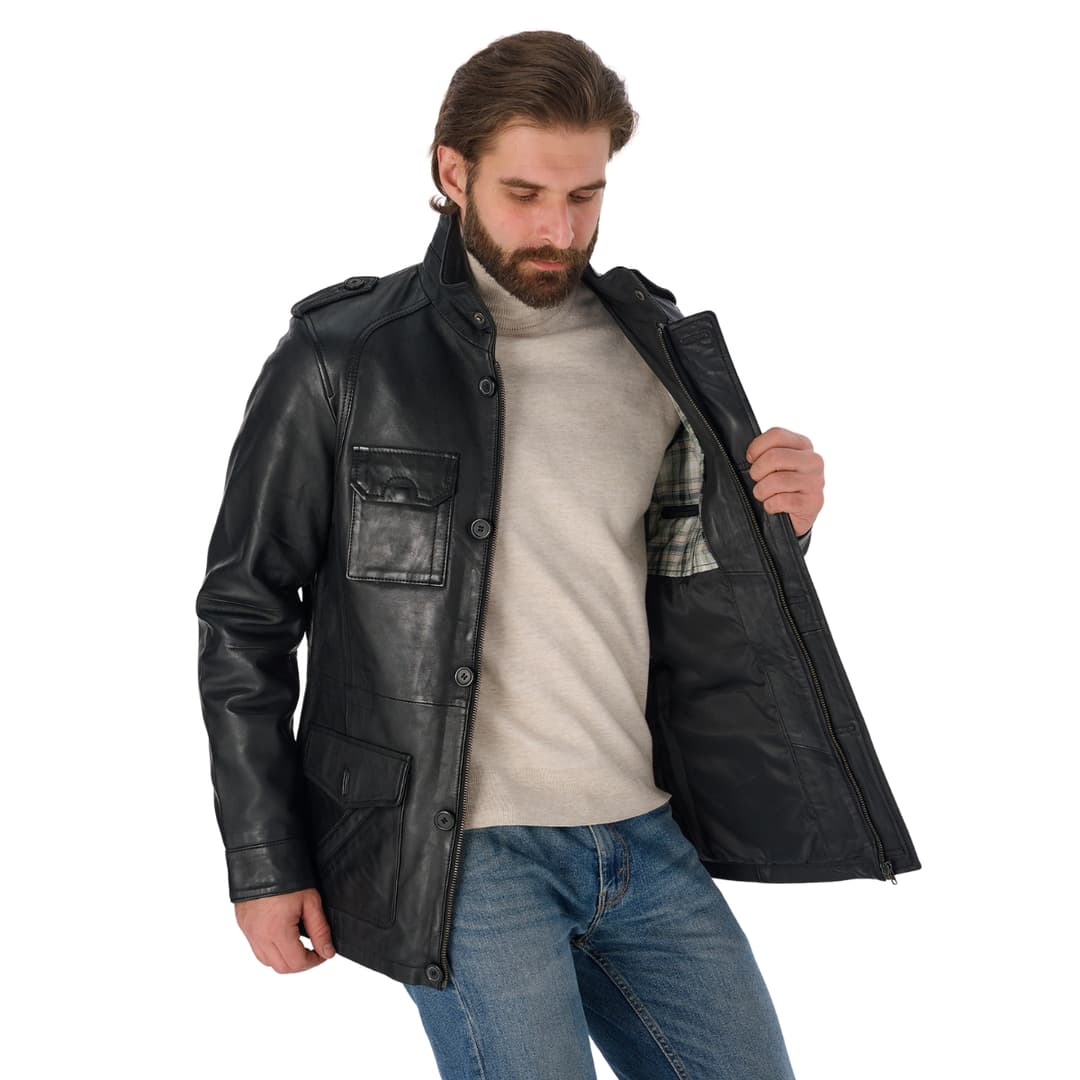 Mens Black Genuine Leather Trucker Jacket