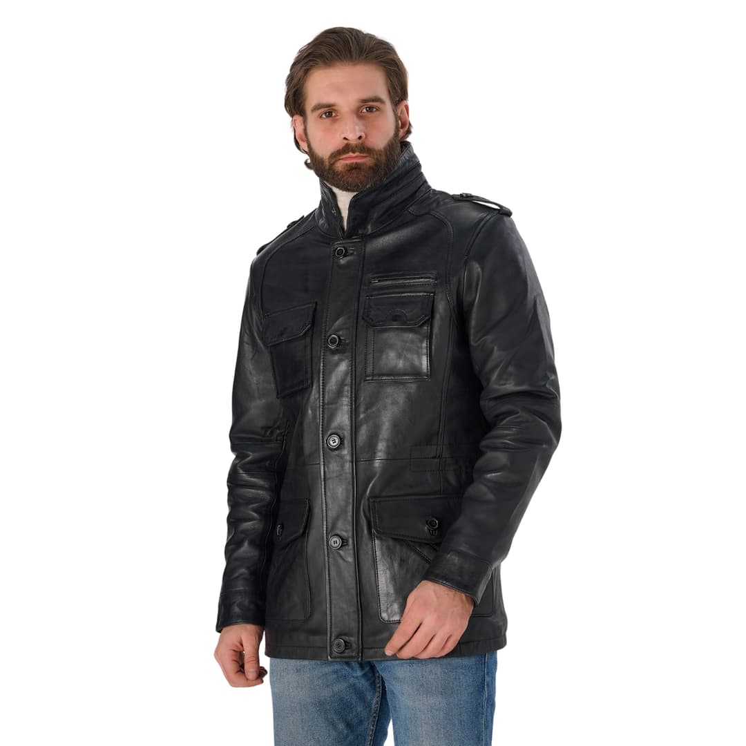 Mens Black Genuine Leather Trucker Jacket