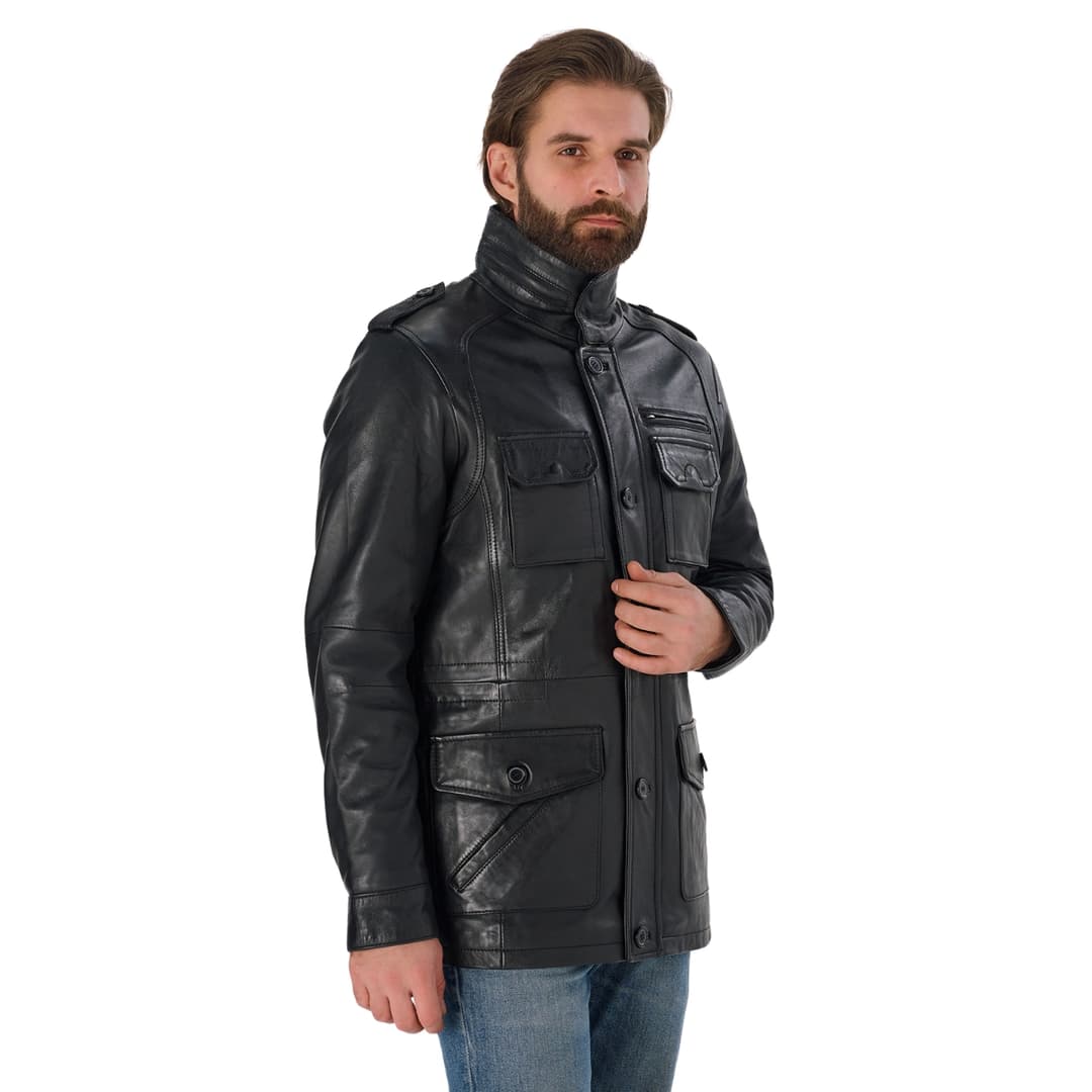 Mens Black Genuine Leather Trucker Jacket