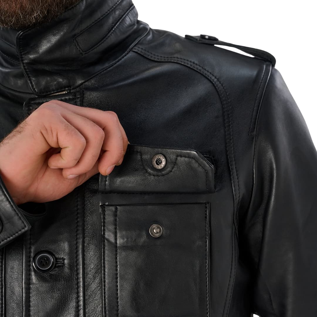 Mens Black Genuine Leather Trucker Jacket