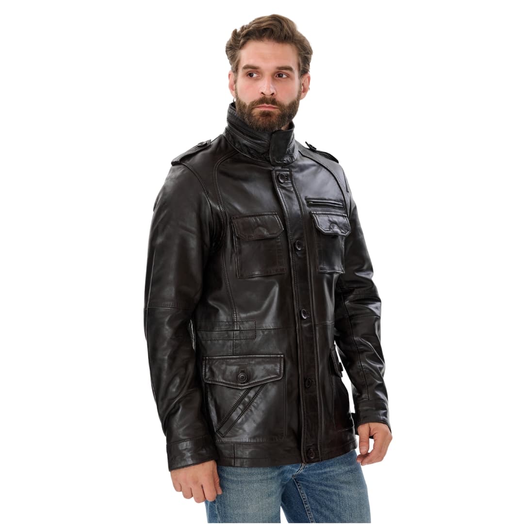 Mens Brown Leather Trucker Long Jacket
