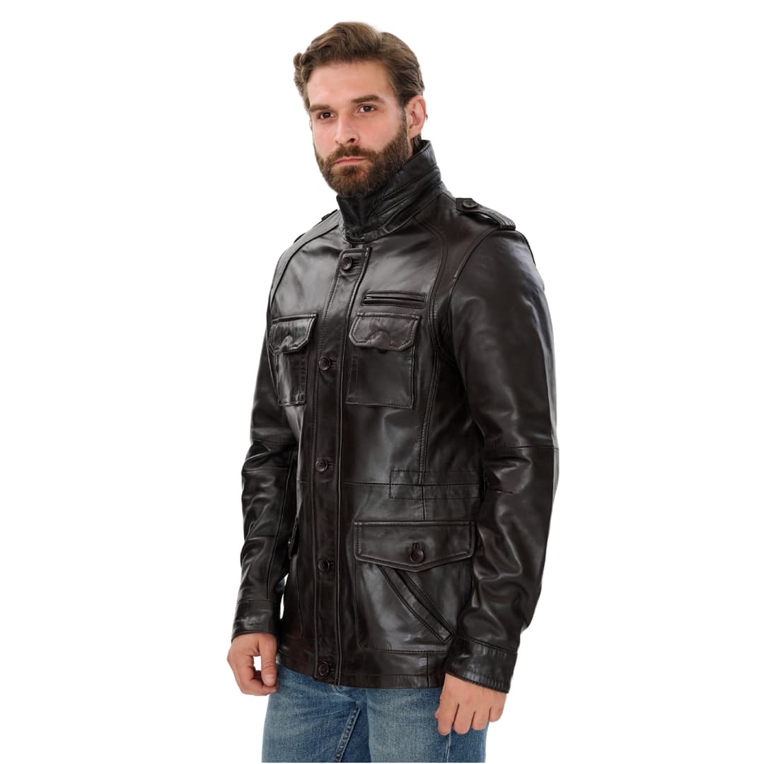 Mens Brown Leather Trucker Long Jacket