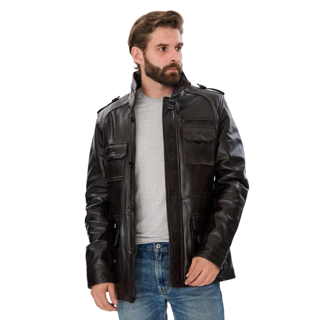 Mens Brown Leather Trucker Long Jacket