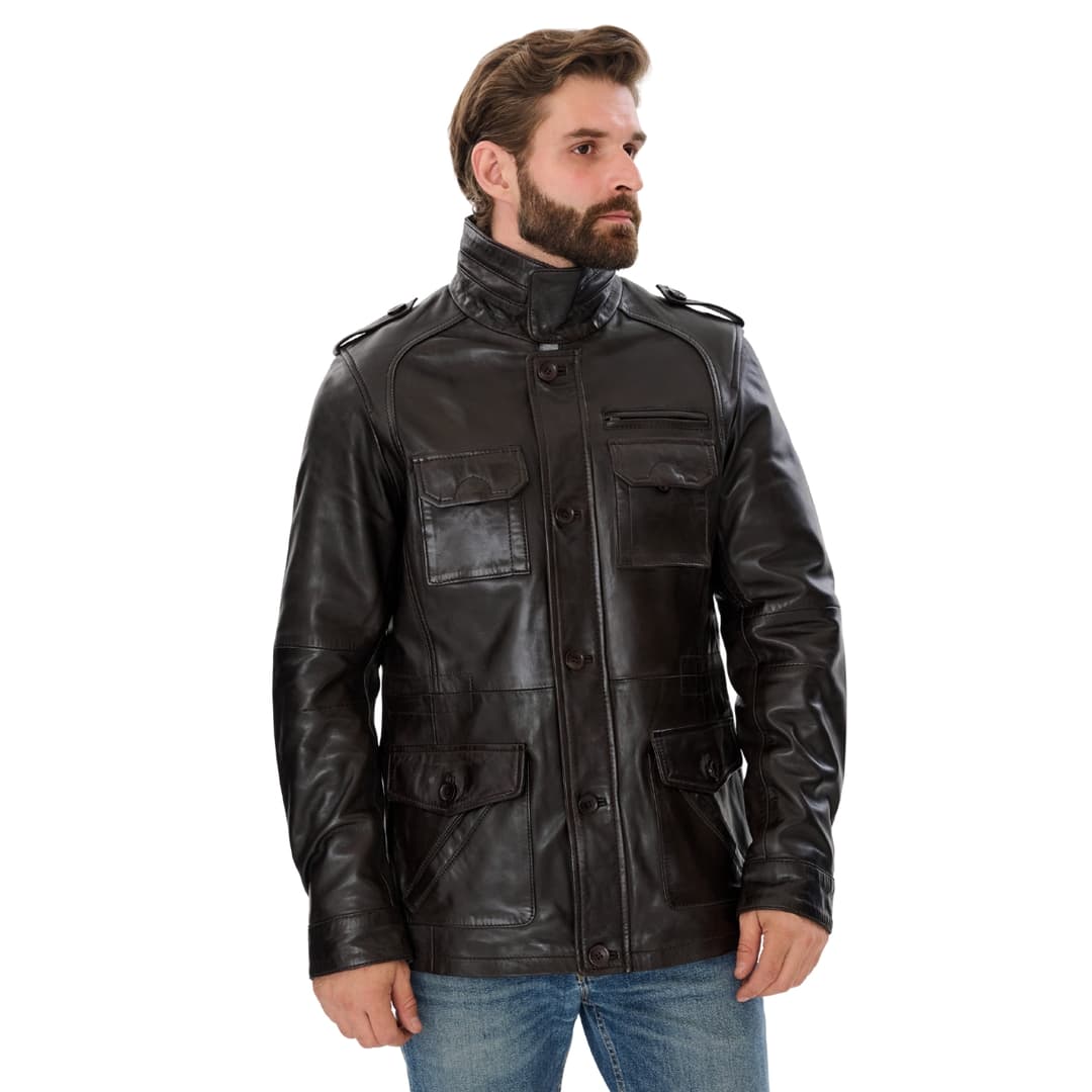 Mens Brown Leather Trucker Long Jacket
