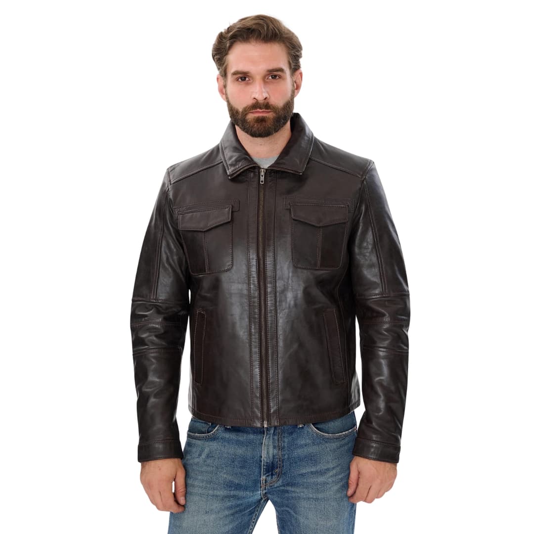 Mens Genuine Leather Jacket Trucker Style