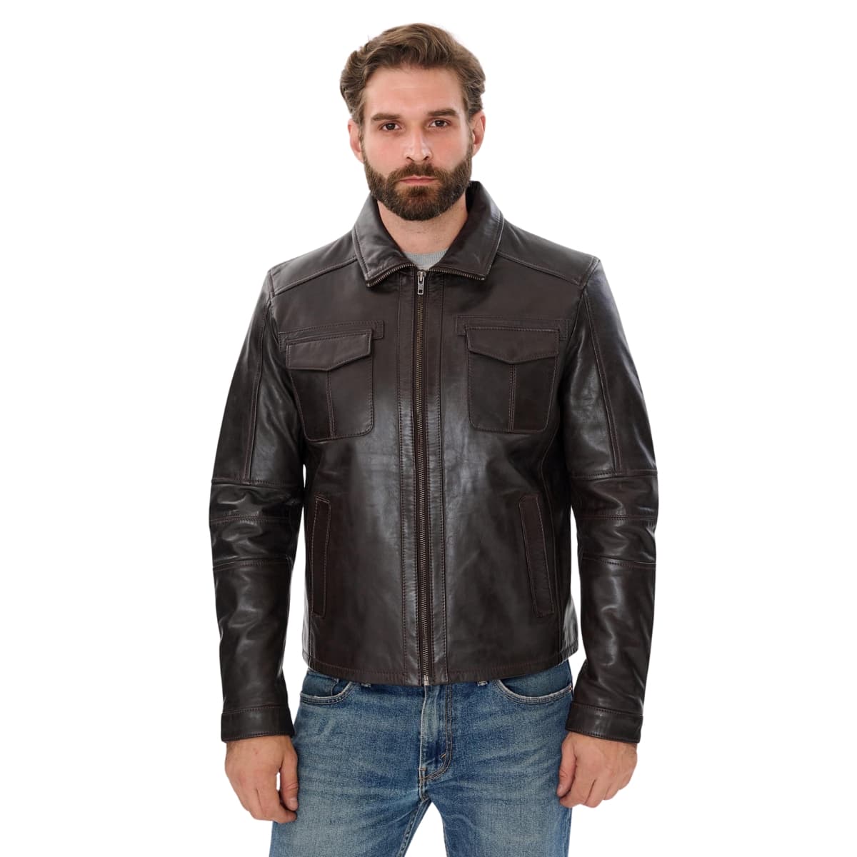 Mens Brown Trucker Leather Jacket