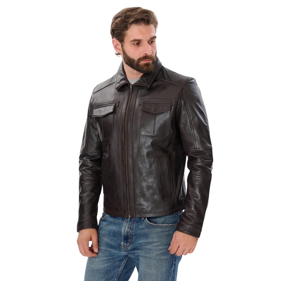 Mens Genuine Leather Jacket Trucker Style