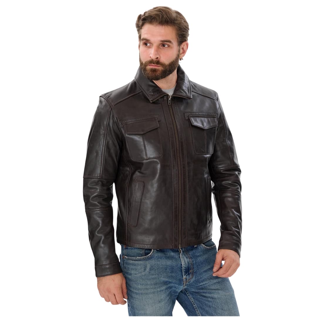 Mens Genuine Leather Jacket Trucker Style