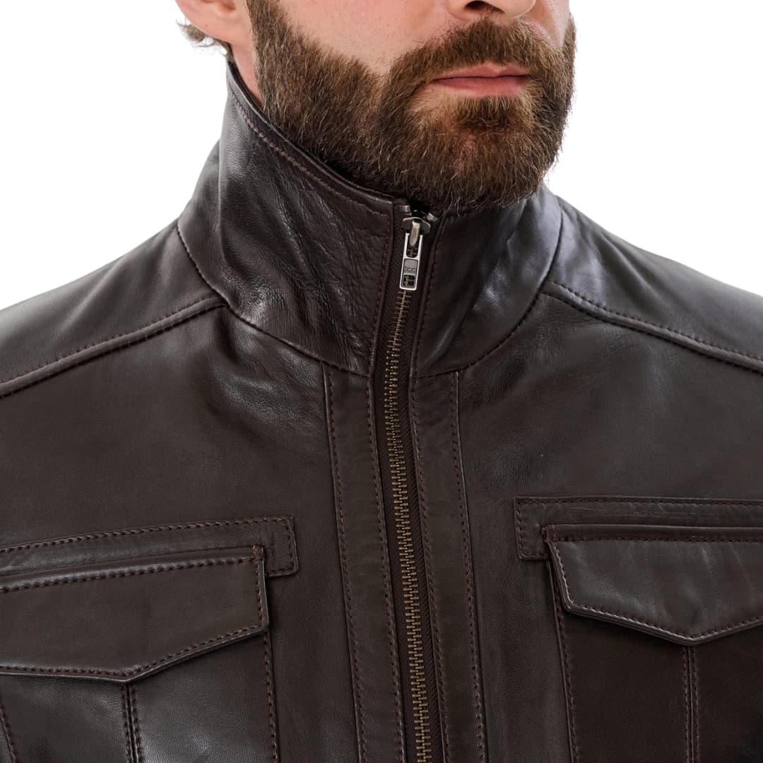 Mens Genuine Leather Jacket Trucker Style