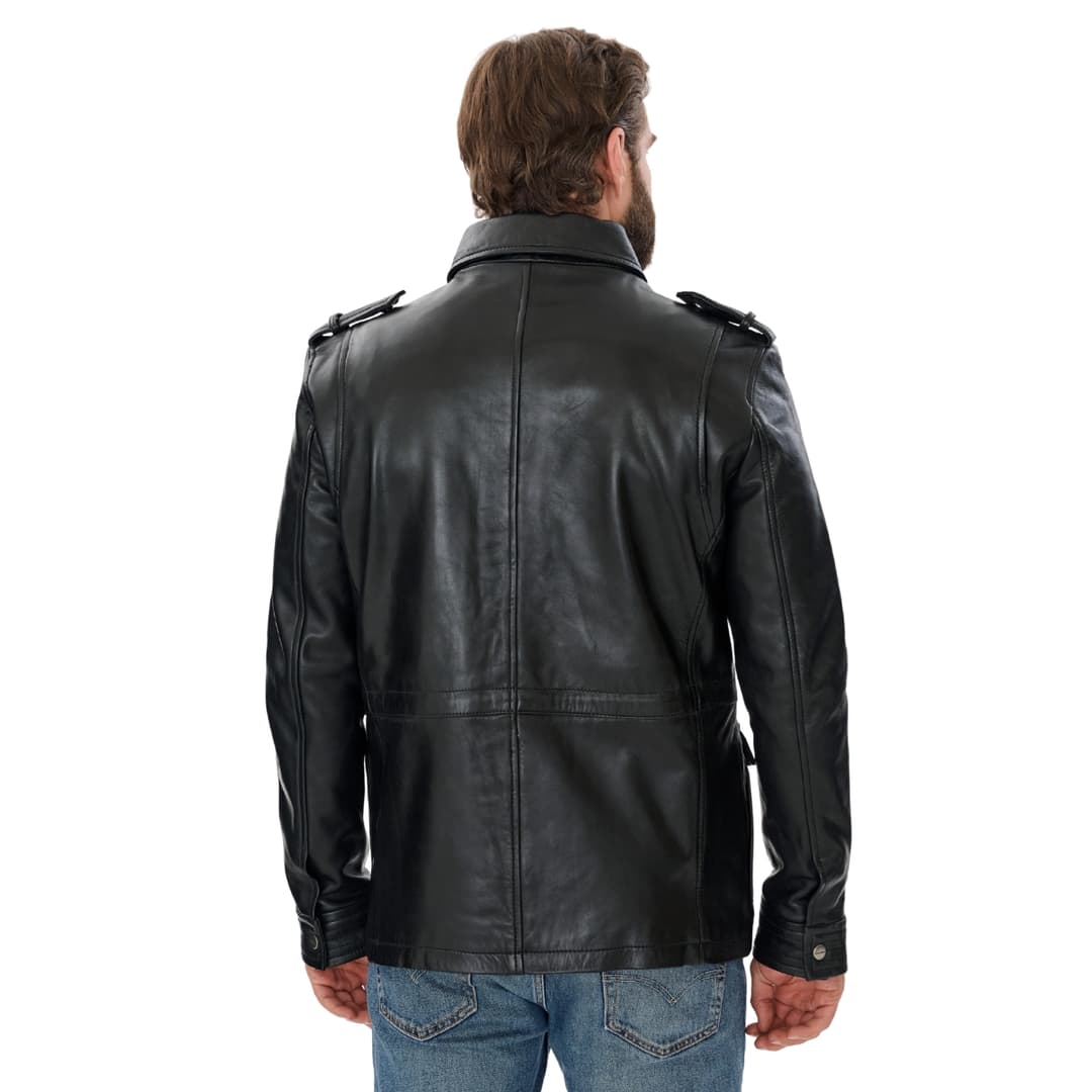 Mens Sheepskin Black Leather Trucker Jacket