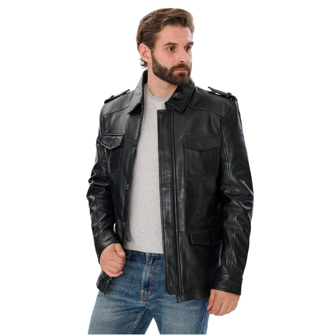 Mens Sheepskin Black Leather Trucker Jacket