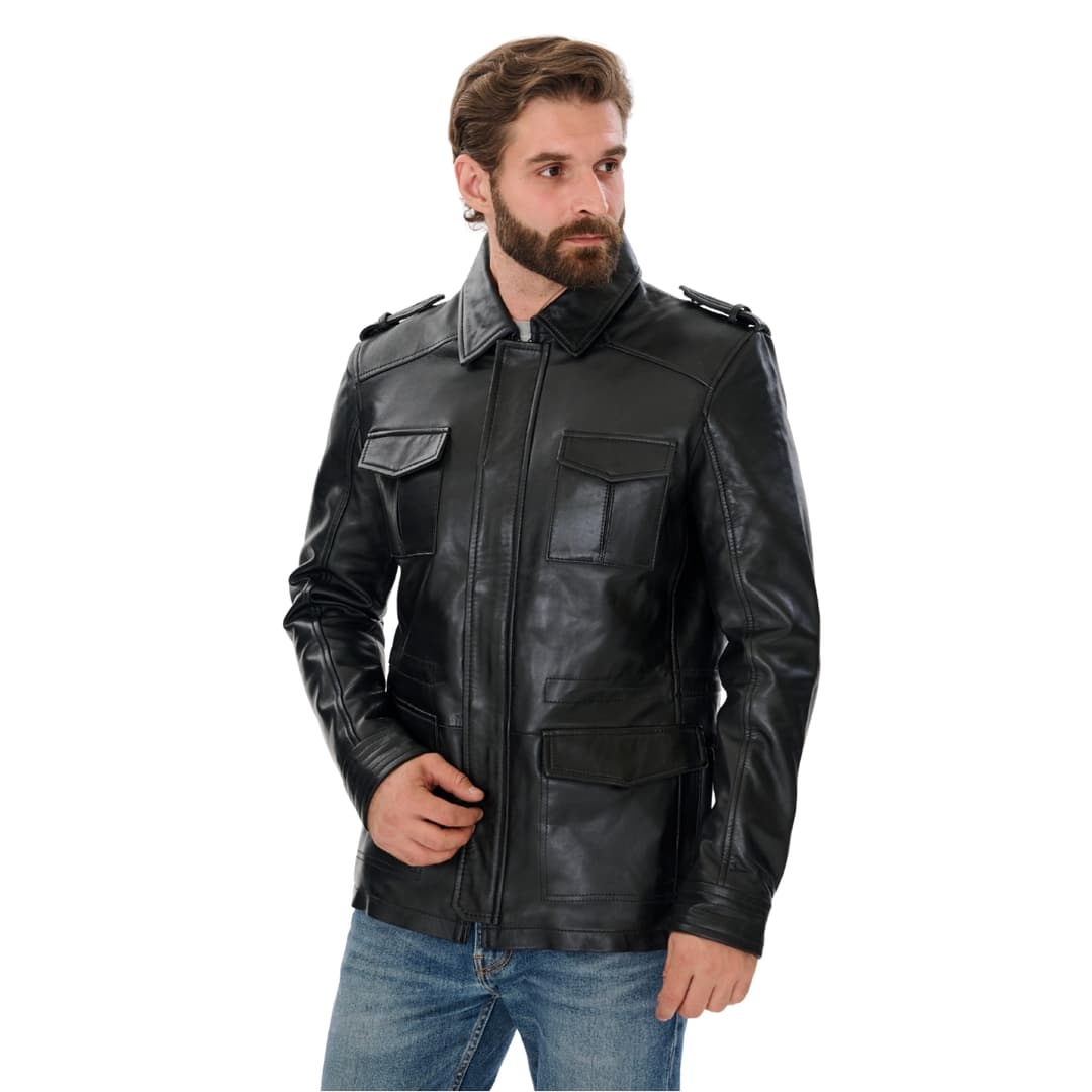 Mens Sheepskin Black Leather Trucker Jacket