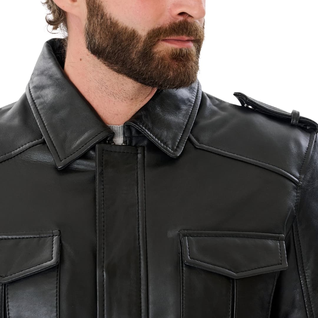 Mens Sheepskin Black Leather Trucker Jacket
