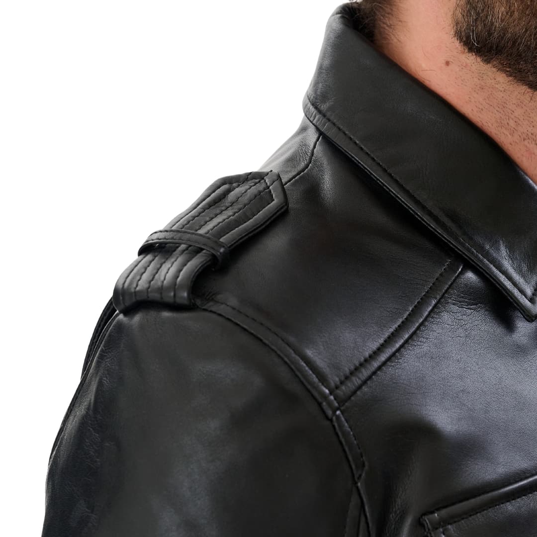 Mens Sheepskin Black Leather Trucker Jacket